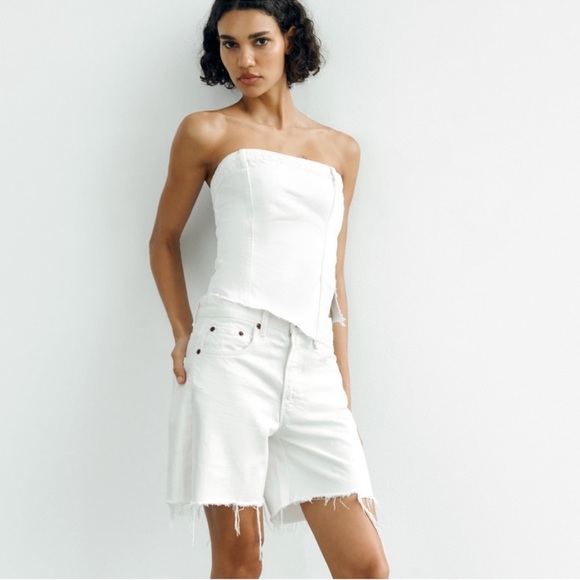 NWT Zara White Denim Button Strapless Top - Picture 2 of 8